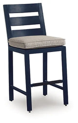 East Beach Navy Blue/Driftwood Outdoor Fire Pit Table and 6 Barstools by Ashley at Eve Furniture