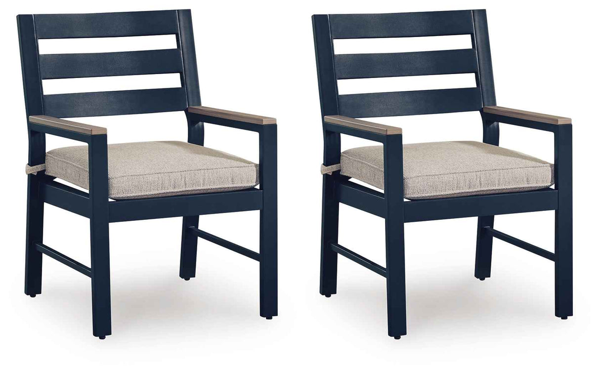 East Beach Blue Outdoor Arm Chair with Cushion (Set of 2) by Ashley at Eve Furniture