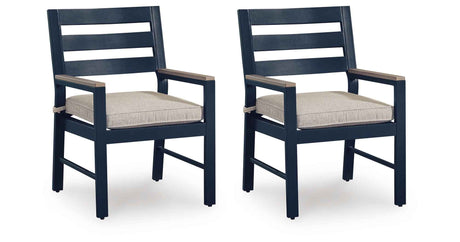East Beach Blue Outdoor Arm Chair with Cushion (Set of 2) by Ashley at Eve Furniture