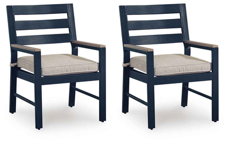 East Beach Blue Outdoor Arm Chair with Cushion (Set of 2) by Ashley at Eve Furniture