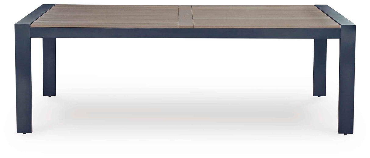 East Beach Navy Blue/Driftwood Outdoor Dining Table and 4 Chairs by Ashley at Eve Furniture