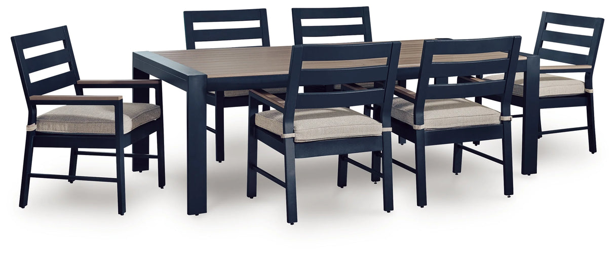 East Beach Navy Blue/Driftwood Outdoor Dining Table and 6 Arm Chairs by Ashley at Eve Furniture