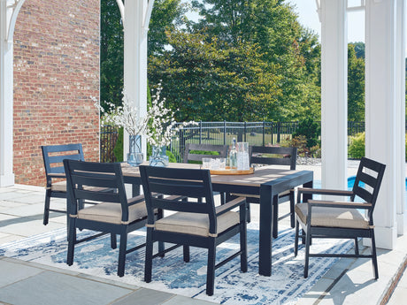 East Beach Navy Blue/Driftwood Outdoor Dining Table and 6 Arm Chairs by Ashley at Eve Furniture