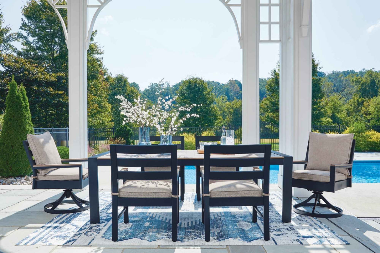 East Beach Navy Blue/Driftwood Outdoor Dining Table and 6 Chairs by Ashley at Eve Furniture