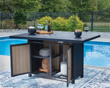 East Beach Navy Blue/Driftwood Outdoor Fire Pit Table and 6 Barstools by Ashley at Eve Furniture