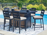 East Beach Navy Blue/Driftwood Outdoor Fire Pit Table and 6 Barstools by Ashley at Eve Furniture