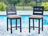 East Beach Navy Blue/Driftwood Outdoor Fire Pit Table and 6 Barstools by Ashley at Eve Furniture