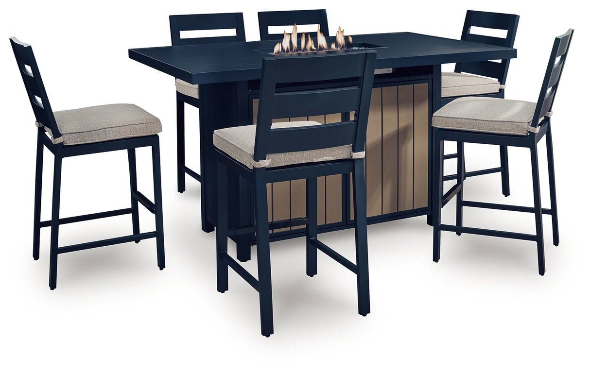 East Beach Navy Blue/Driftwood Outdoor Fire Pit Table and 6 Barstools by Ashley at Eve Furniture