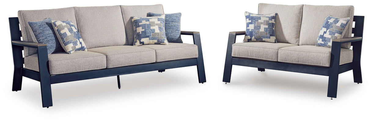 East Beach Navy Blue/Driftwood Outdoor Sofa and Loveseat by Ashley at Eve Furniture