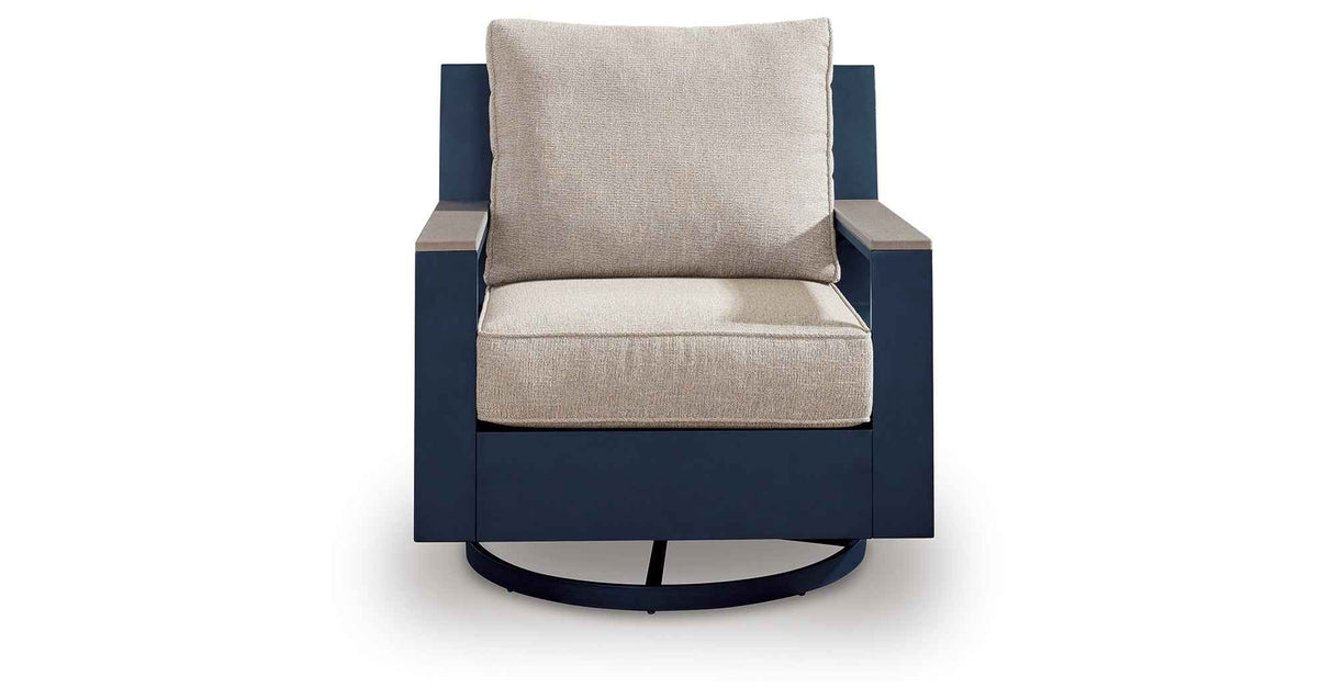 East Beach Navy Blue/Driftwood Outdoor Sofa with 2 Swivel Glider Chairs by Ashley at Eve Furniture
