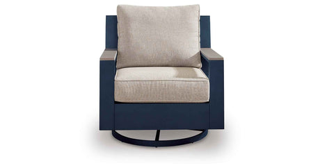 East Beach Navy Blue/Driftwood Outdoor Sofa with 2 Swivel Glider Chairs by Ashley at Eve Furniture