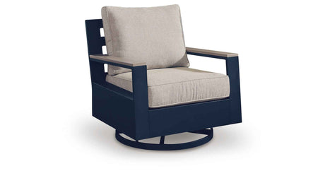East Beach Navy Blue/Driftwood Outdoor Sofa with 2 Swivel Glider Chairs by Ashley at Eve Furniture