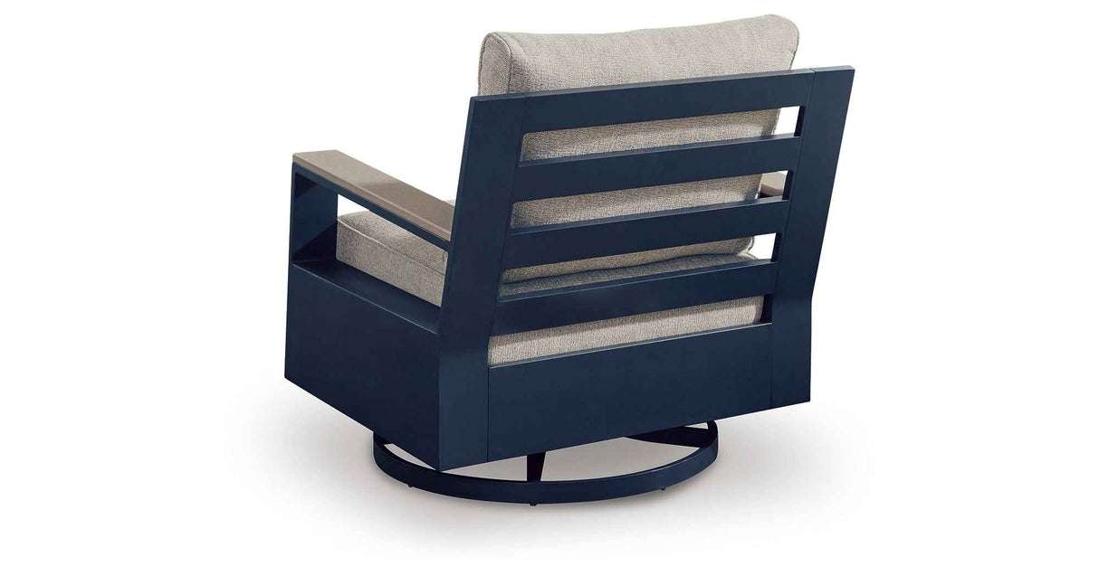 East Beach Navy Blue/Driftwood Outdoor Sofa with 2 Swivel Glider Chairs by Ashley at Eve Furniture