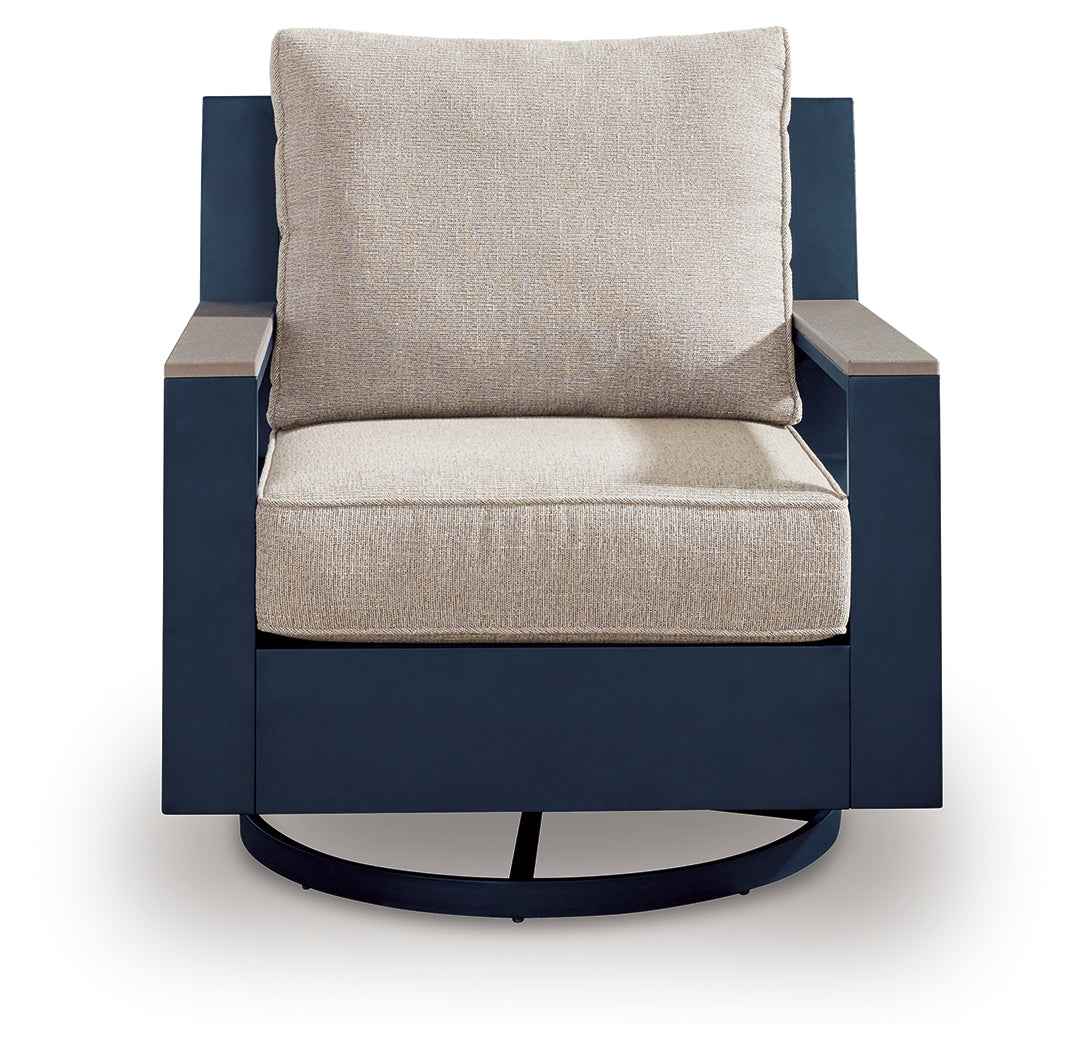 East Beach Navy Blue/Driftwood Outdoor Sofa with 2 Swivel Glider Chairs by Ashley at Eve Furniture