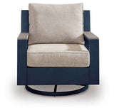 East Beach Navy Blue/Driftwood Outdoor Sofa with 2 Swivel Glider Chairs by Ashley at Eve Furniture