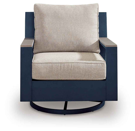 East Beach Navy Blue/Driftwood Outdoor Sofa with 2 Swivel Glider Chairs by Ashley at Eve Furniture