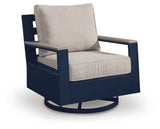 East Beach Navy Blue/Driftwood Outdoor Sofa with 2 Swivel Glider Chairs by Ashley at Eve Furniture