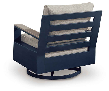 East Beach Navy Blue/Driftwood Outdoor Sofa with 2 Swivel Glider Chairs by Ashley at Eve Furniture