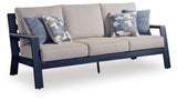 East Beach Navy Blue/Driftwood Outdoor Sofa with 2 Swivel Glider Chairs by Ashley at Eve Furniture