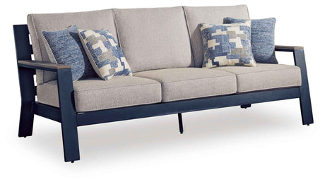 East Beach Navy Blue/Driftwood Outdoor Sofa with 2 Swivel Glider Chairs by Ashley at Eve Furniture