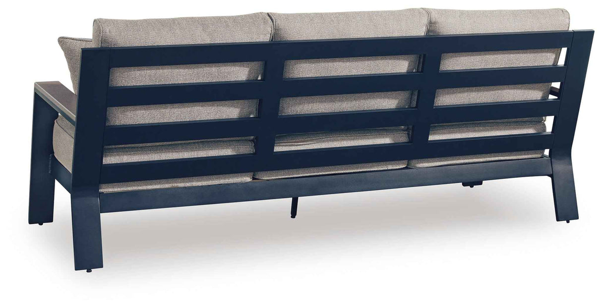 East Beach Navy Blue/Driftwood Outdoor Sofa with 2 Swivel Glider Chairs by Ashley at Eve Furniture