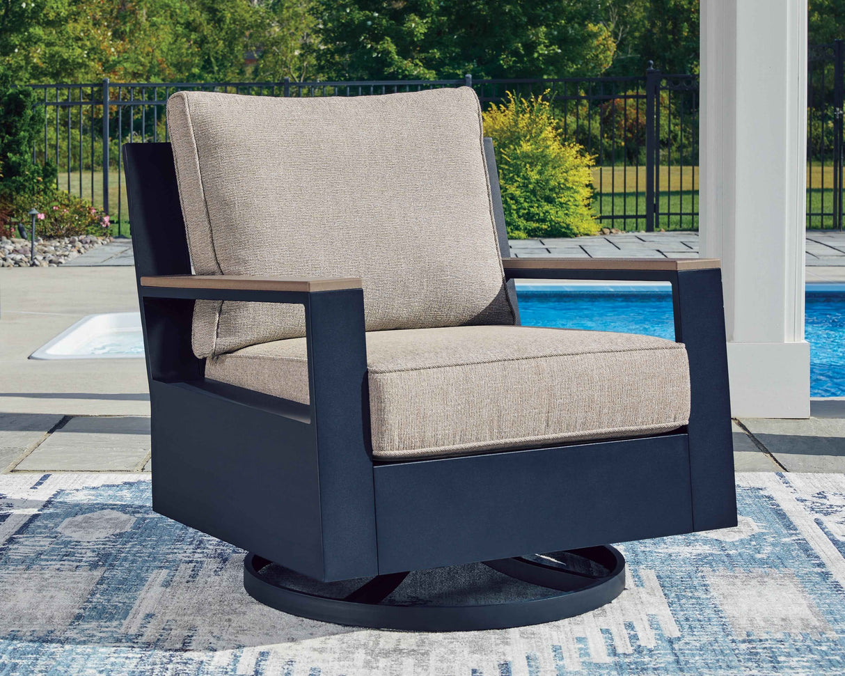 East Beach Navy Blue/Driftwood Outdoor Sofa with 2 Swivel Glider Chairs by Ashley at Eve Furniture