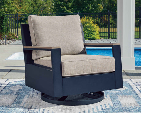 East Beach Navy Blue/Driftwood Outdoor Sofa with 2 Swivel Glider Chairs by Ashley at Eve Furniture