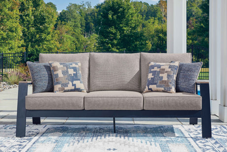 East Beach Navy Blue/Driftwood Outdoor Sofa with 2 Swivel Glider Chairs by Ashley at Eve Furniture