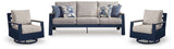 East Beach Navy Blue/Driftwood Outdoor Sofa with 2 Swivel Glider Chairs by Ashley at Eve Furniture