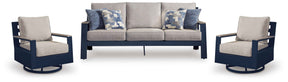 East Beach Navy Blue/Driftwood Outdoor Sofa with 2 Swivel Glider Chairs by Ashley at Eve Furniture