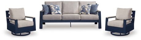 East Beach Navy Blue/Driftwood Outdoor Sofa with 2 Swivel Glider Chairs by Ashley at Eve Furniture