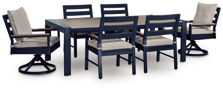 East Navy Blue/Driftwood Beach Outdoor Dining Table with 4 Chairs and 2 Swivel Chairs by Ashley at Eve Furniture