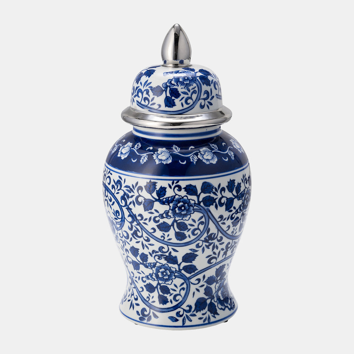 Ec Cer,14"blue/white Temple Jar, Silver