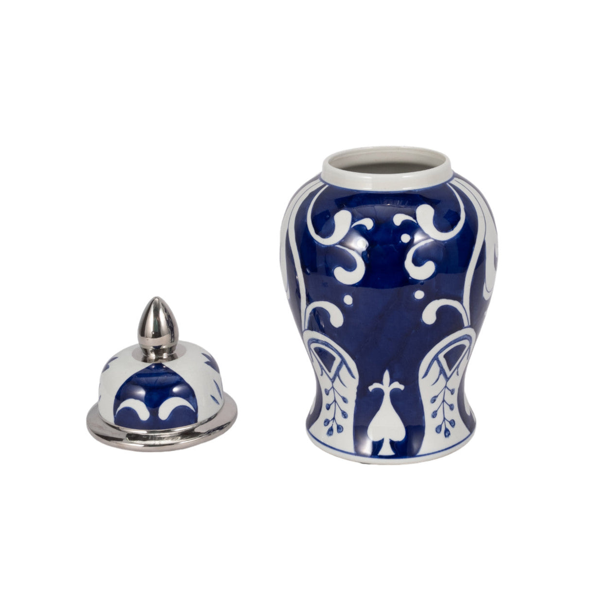 Ec Cer,14" White/blue Temple Jar, Silver