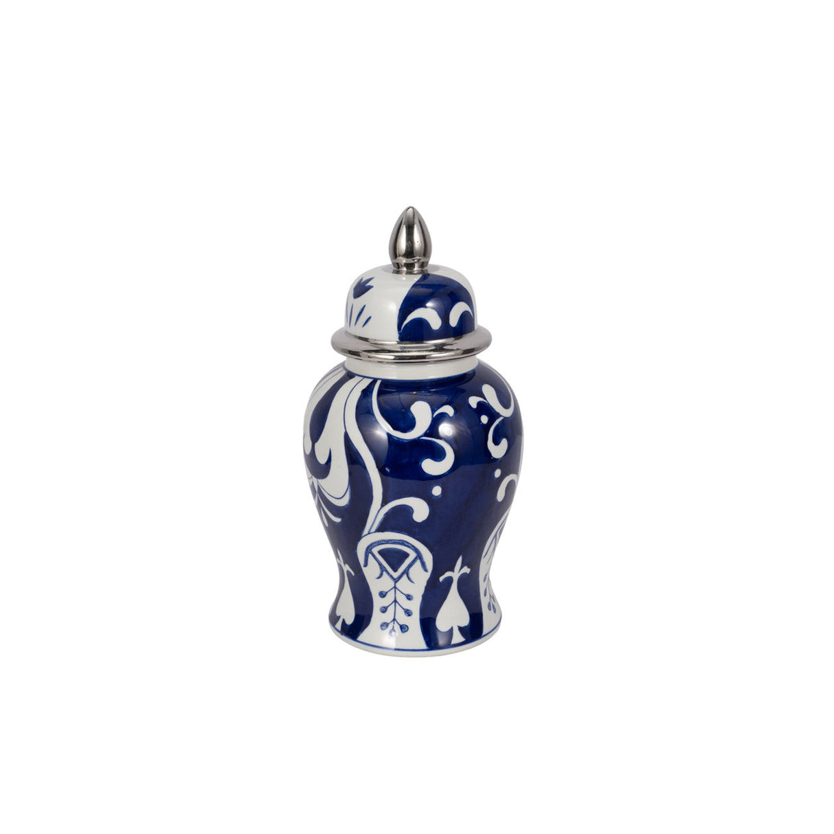 Ec Cer,14" White/blue Temple Jar, Silver