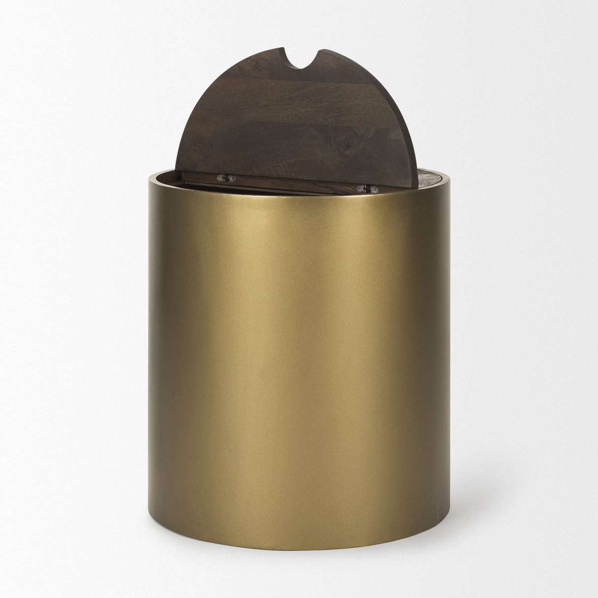 Eclipse Antique Brass Metal Drum Base w/ Dark Brown Wood Top End/Side Table by Mercana at Eve Furniture