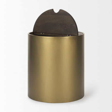 Eclipse Antique Brass Metal Drum Base w/ Dark Brown Wood Top End/Side Table by Mercana at Eve Furniture