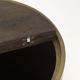 Eclipse Antique Brass Metal Drum Base w/ Dark Brown Wood Top End/Side Table by Mercana at Eve Furniture