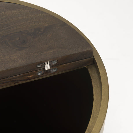 Eclipse Antique Brass Metal Drum Base w/ Dark Brown Wood Top End/Side Table by Mercana at Eve Furniture