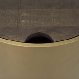 Eclipse Antique Brass Metal Drum Base w/ Dark Brown Wood Top End/Side Table by Mercana at Eve Furniture