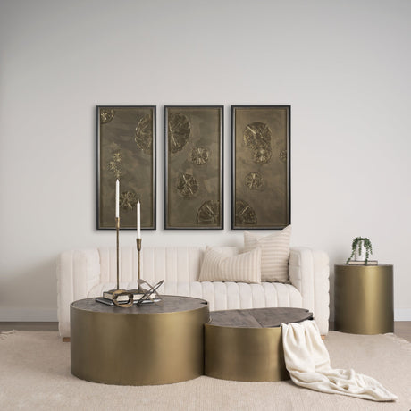Eclipse Antique Brass Metal Drum Base w/ Dark Brown Wood Top Nested Coffee Table by Mercana at Eve Furniture