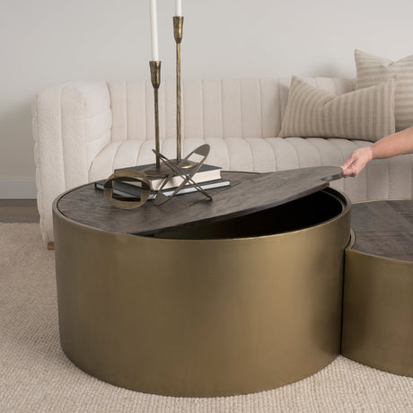 Eclipse Antique Brass Metal Drum Base w/ Dark Brown Wood Top Nested Coffee Table by Mercana at Eve Furniture