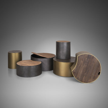 Eclipse Antique Brass Metal Drum Base w/ Dark Brown Wood Top Nested Coffee Table by Mercana at Eve Furniture