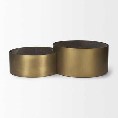 Eclipse Antique Brass Metal Drum Base w/ Dark Brown Wood Top Nested Coffee Table by Mercana at Eve Furniture