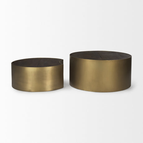Eclipse Antique Brass Metal Drum Base w/ Dark Brown Wood Top Nested Coffee Table by Mercana at Eve Furniture