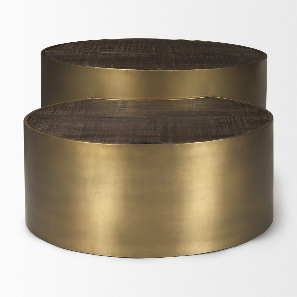 Eclipse Antique Brass Metal Drum Base w/ Dark Brown Wood Top Nested Coffee Table by Mercana at Eve Furniture