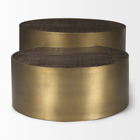 Eclipse Antique Brass Metal Drum Base w/ Dark Brown Wood Top Nested Coffee Table by Mercana at Eve Furniture