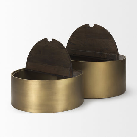 Eclipse Antique Brass Metal Drum Base w/ Dark Brown Wood Top Nested Coffee Table by Mercana at Eve Furniture