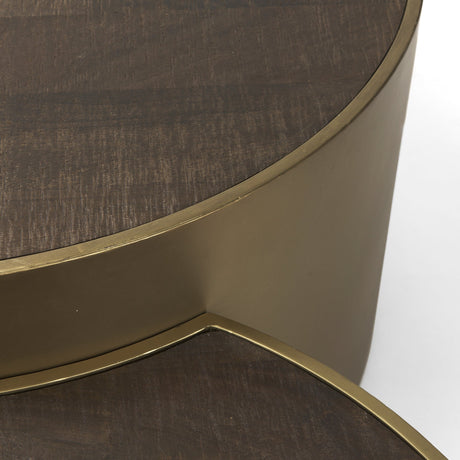 Eclipse Antique Brass Metal Drum Base w/ Dark Brown Wood Top Nested Coffee Table by Mercana at Eve Furniture