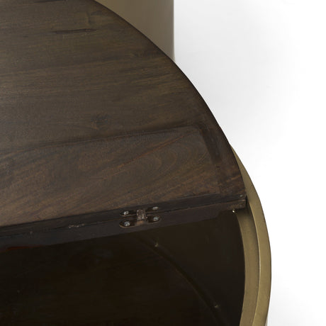 Eclipse Antique Brass Metal Drum Base w/ Dark Brown Wood Top Nested Coffee Table by Mercana at Eve Furniture